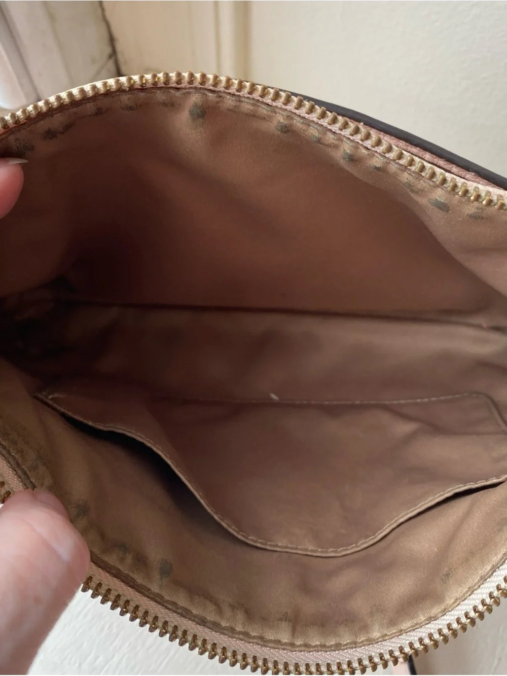 Coach Madison East West Pebbled Leather Crossbody Purse in Blush Pink dirty